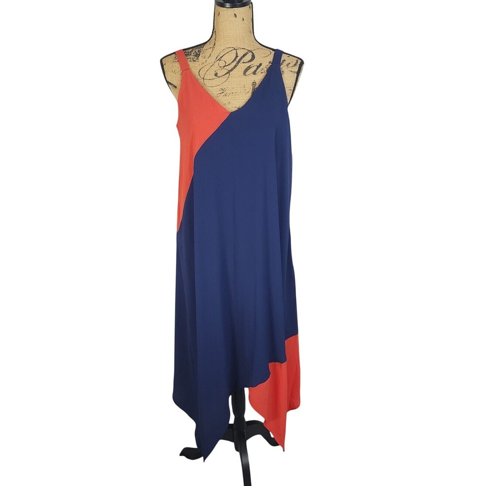 New! MADISON LEIGH Navy/Burnt Orange V-Neck Crepe Colorblock Hankie Hem Dress